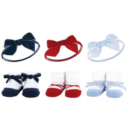 Hudson Baby Infant Girl Headband and Socks Giftset, Dark Red Blue, One Size