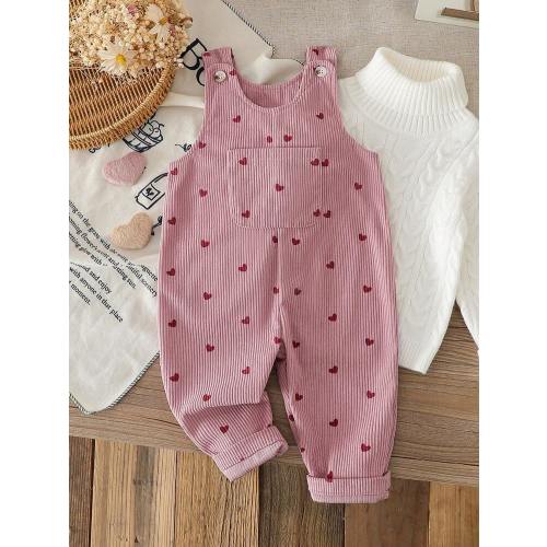 SHEIN Baby Girl 0-3Y Spring/Autumn Heart Print Corduroy Overalls Set, Casual Style With Chest Pocket Decoration, Suitable For Outdoor Play And Leisure | SHEIN