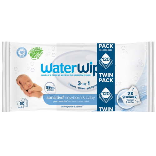 WaterWipes Sensitive+ Newborn Baby Wipes 3-in-1 Cleans Cares Protects 99.9% Water Unscented Hypoallergenic 2 Packs