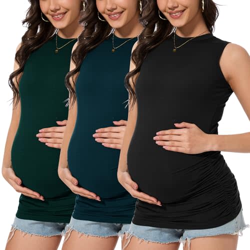 Smallshow Women's Maternity Tank Top Crew Neck Sleeveless Pregnancy Clothes 3 Pack