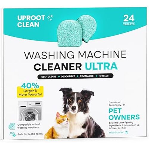 Uproot Clean Washing Machine Cleaner Tablets Ultra - 40% Stronger Formula: Designed for Pet Owners, Remove Residue, Grime & Odors, Compatible with HE, Top & Front Load, 24 Pack - 12 Month Supply