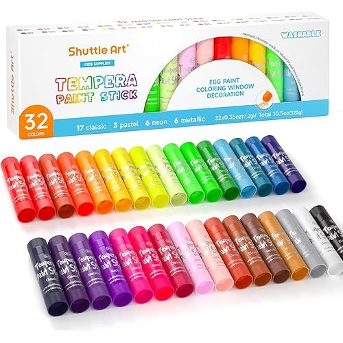 Shuttle Art Tempera Paint Sticks, 32 Colors Solid Tempera Paint for Kids, Super Quick Drying, No-Toxic, Works Great on Paper Wood Glass Ceramic Canvas