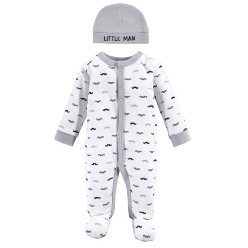 Luvable Friends Baby Boy Cotton Preemie Snap Sleep and Play and Cap 2pc Set, Mustache, Preemie - Mustache