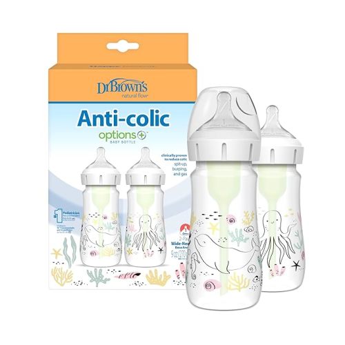 Dr. Brown's Anti-Colic Options+ Wide-Neck Baby Bottle Designer Edition Bottles, Ocean Decos, 9 oz/270 mL, Level 1 Nipple, 0m+, 2-Pack