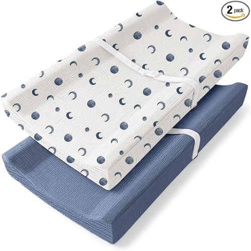 Bearmoss Changing Pad Cover, 2 Pack Muslin [100% Cotton] Diaper Changing Table Covers, 32'' x 16'' Soft Breathable Changing Pad Sheets for Unisex Baby Girls and Boys with Strap Holes (Bluemoon)