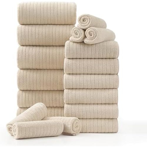 18 Piece Family Bath Towel Set Include 6 Bath Towels,6 Hand Towels and 6 Washcloths Soft Bathroom Towel with Hanging Loops,Highly Absorbent Quick Dry Towels Set for Bathroom,Hotel and Spa-Beige