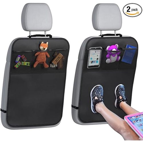 lebogner Back Seat Cover For Kids + 3 Pocket Storage Organizer, 2 Pack X-Large Waterproof Kick Mats Backseat Protector, Car Seat Back Protectors For Vehicles To Protect From Dirt, Mud & Scratches