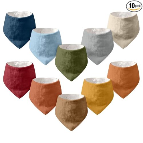 10-Pack Muslin Baby Bandana Bibs | Super Absorbent Cotton Drool Bibs, Nickel-Free Snaps, Teething & Registry Gift for Newborn Boys Girls 0-36 Months Neutral