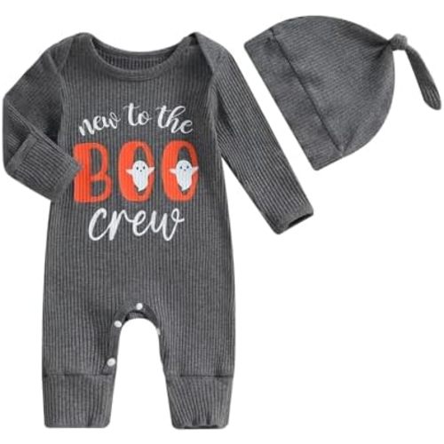 YOKJZJD Newborn Baby Boy Girl Halloween Outfit New To The Crew Knitted Long Sleeve Romper Jumpsuit with Hat Fall Clothes