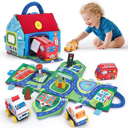 hahaland Baby Toys for 1 Year Old Boy Gifts - Soft Pull Back Cars, Sensory, Take-Along Cars Playset with Foldable Mat, 9 Month Old Baby Toys 6-12-18 Months, Soft Toy for Toddlers 1-3, Car for Babies