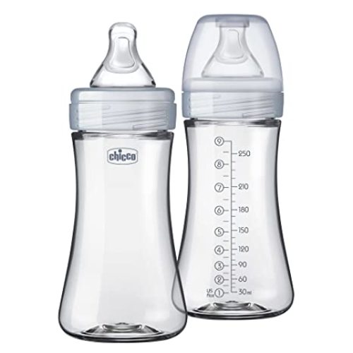 Chicco Duo 9oz. Hybrid Baby Bottle with Invinci-Glass Inside/Plastic Outside with Slow Flow Anti-Colic Nipple - Clear/Grey, count 2 (Pack of 1) - Two pack 9 oz. bottles