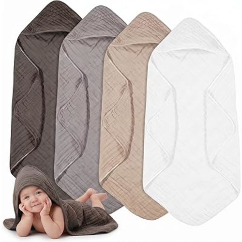 Peryiter 4 Pcs Muslin Hooded Baby Towels, 32"x 32" Cotton Newborn Bath Towel Muslin Infant Baby Blankets Absorbent Unisex Newborn Registry Gift Essentials for Girls Boys (Gray Series)