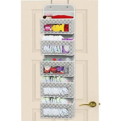 Simple Houseware 5 Clear Window Pocket Over Closet Door Storage Hanging Organizer for Bedroom, Bathroom, Pantry, Geometric Gray