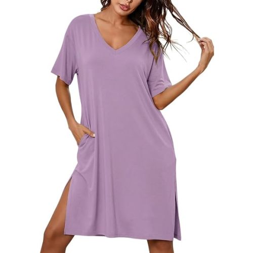 Ekouaer Womens Plus Size Nightgown Bamboo Viscose Short Sleeve Sleepshirt