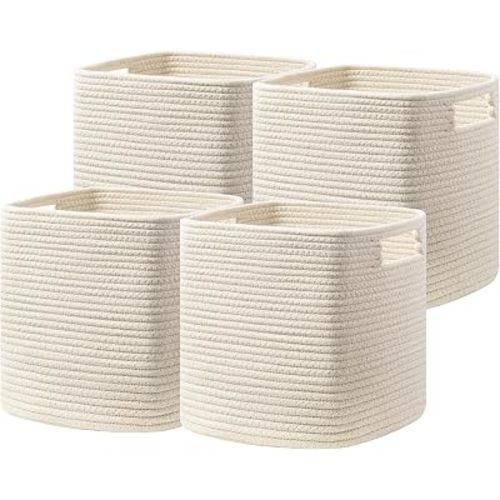 UBBCARE Set of 4 Storage Cubes-13 X 13 X 13 In, Cotton Rope Basket for Shelves, Toys, Book, Cube Storage Bin with Handles, Woven Storage Basket for Organizing, Beige