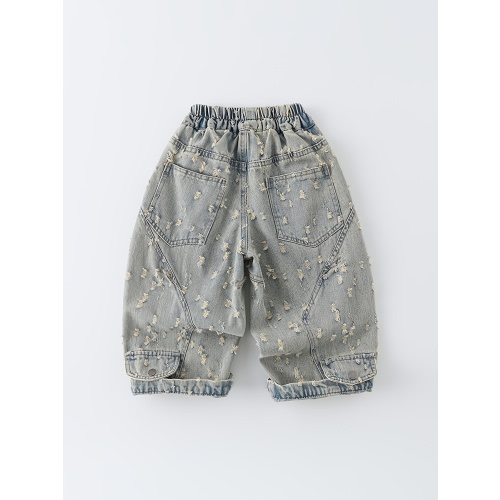 1-2yr [Trendy Faux Denim] Trendy Faux Denim | Loose Fit Faux Denim with Ripped Design - Elastic Waist, Light Blue, Casual Style for Casual Attire and Outdoor Activities, Perfect for Spring/Fall, Nonstretch Fabric