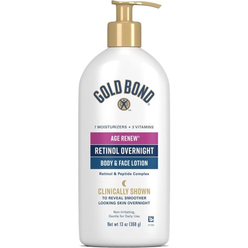 Gold Bond Age Renew Retinol Overnight Body & Face Lotion, 13 Oz, Anti-Aging Moisturizer for Visibly Plumper, Smoother Skin, 24-HR Hydration, Non-Irritating, Non-Greasy, Dermatologist-Tested, Unscented
