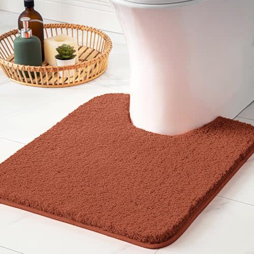 MIULEE Rust Microfiber Toilet Bath Mat U-Shaped Contour Shaggy Rugs Non Slip Extra Thick Soft Absorbent Water for Bathroom Commode Machine Washable(20x20 Inch)
