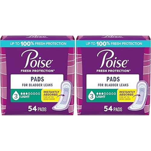 Poise Incontinence Pads & Postpartum Incontinence Pads, 3 Drop Light Absorbency, Regular Length, 54 Count, Packaging May Vary (Pack of 2)