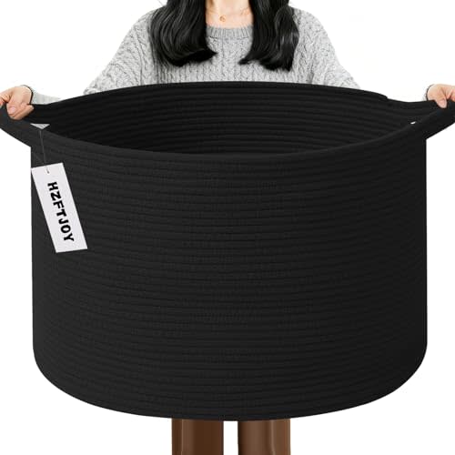 65L Large Blanket Basket,19.7" L x 19.7" W x 13" H Rope Woven Baskets with Handles, Toys Storage Bins,Laundry Basket Perfect for Living Room, Nursery,Bedroom,Home Organization,Black