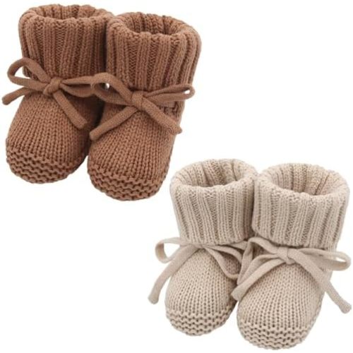 LifeTree Baby Knit Booties-2 Pairs, Cozy Cotton Handmade Crochet Baby Shoes, Newborn Winter Booties 0-6 Months for Boys & Girls, Warm Soft Baby Infant Socks