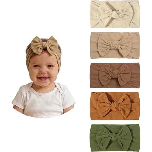 5 Pcs Brown Baby Headbands With Hair Bows Elastic Soft Nylon Hairbands Handmade Hair Accessories For Baby Girls Newborn Infant Toddlers Kids (5, Brown)