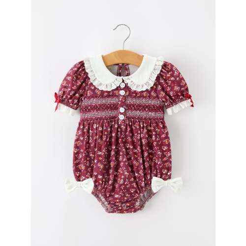 Burgundy Floral Smocked Baby Girl Bubble Romper Peter Pan Collar – Rylee Faith Designs