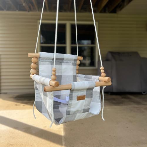 Outdoor Baby Swing: Gray Buffalo Plaid, Maple Wood, UV Resistant