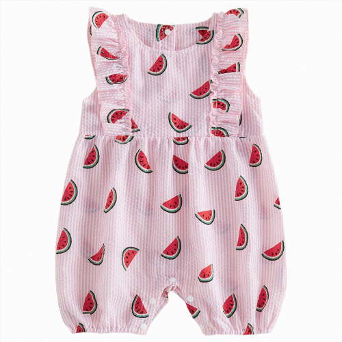 TOWED22 Infant Baby Girl Summer Outfit Clothes Sleeveless Smocked Cute Print Romper with Headband Pink,0-3 M