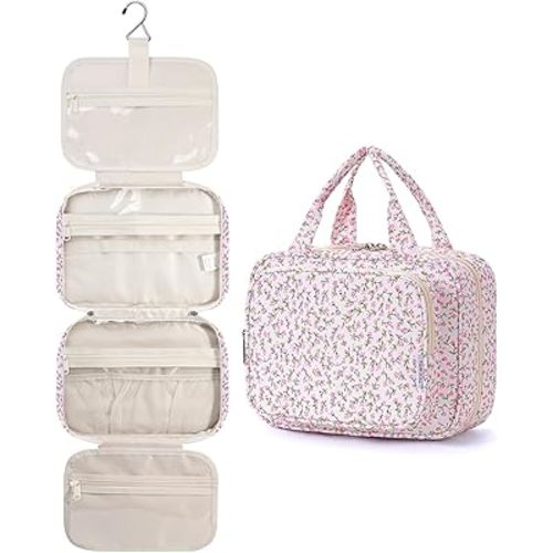 Narwey Hanging Toiletry Bag for Women Travel Makeup Bag Organizer Toiletries Bag for Travel Size Essentials Accessories Cosmetics (Green Leaves and Flower (Medium))