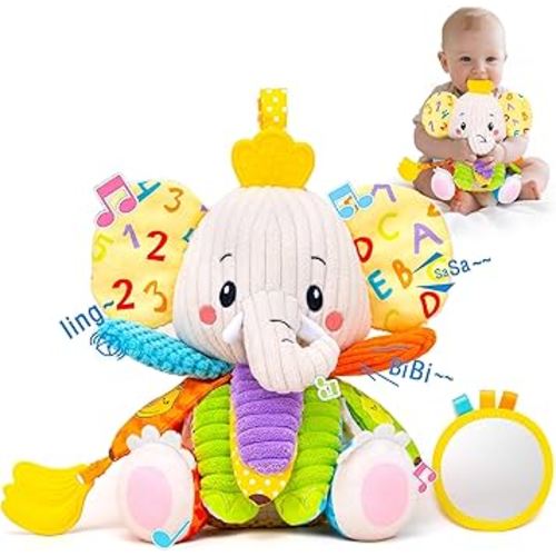 Baby Toys 3-6 Months, Musical Stuffed Elephant Toddler Toy for Newborn Infant 3 6 9 12 Months, Tummy Time Toys Montessori Sensory Toys 0-6 6-12 Months, Crinkle Paper, Mirror Soothing Music Shower Gift