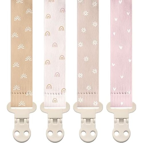 Stadela Baby Pacifier Clip Holder - Girl 4 Pack Gift Set - Boho Rainbow Suns Hearts Daisies Design (Belle)