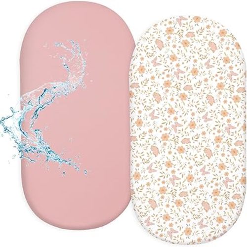 FIOBEE Baby Bassinet Sheets for Girls Boys 2 Pack Waterproof Bassinet Mattress Elastic Fitted Crib Sheets Universal Fit for Hourglass Oval and Rectangle Bassinet Sheet 33" x 17", Pink