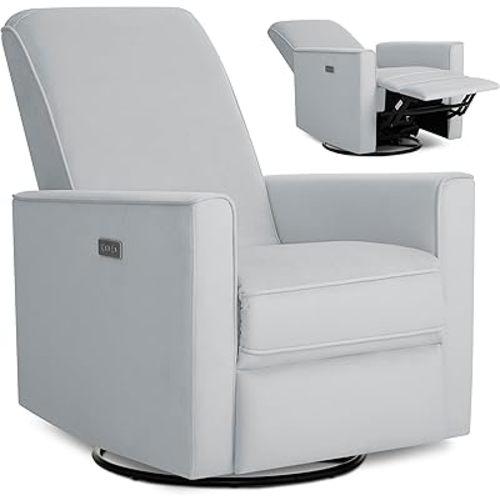 Evolur Harlow Upholstered Power Glider Recliner with USB Charging – Rocking & 275° Swivel with Smooth Glide – Greenguard Gold & FSC Certified – Modern Nursery and Living Room Chair in Grey
