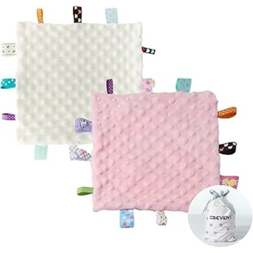 CREVENT Tag Security Blankets for Babies, Soft Small Loveys for Girls, Baby Comforter Sensory Blanket, Great Gifts for Birthday Baby Shower 10"X10" (Ivory + Pink)