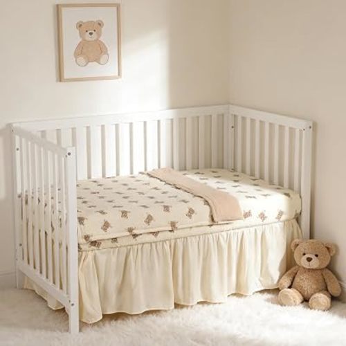 Organic Cotton Muslin Baby Crib Bedding Set 3 Piece Soft for Infant Newborn Toddler Boys Girls 52"x28", Nursery Bed Quilt Set Decor with Fitted Crib Sheet, Boho Quilted Comforter Blanket, Bed Skirt