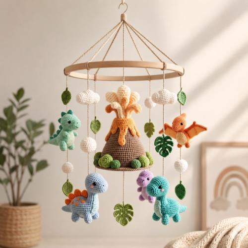 Dinosaur Baby Mobile, Crochet Dinosaur Nursery Mobile, Volcano Crib Mobile, Dino Baby Mobile, Jurassic Nursery Decor, Baby Shower Gift