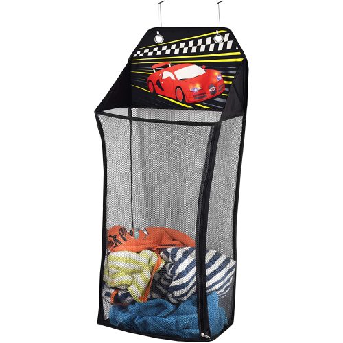 Store&Score Over The Door Hanging Kids Fun LED Race Car Light-Up Collapsible Mesh Laundry Hamper, Toy Chest, Metal Hooks Included