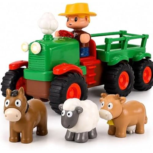 Self-Driving Farmer Tractor Truck Toy for Boys with Lights and Music, with Farmer Figure & Farm Animals (Moving Chimney and Shaking Animals)