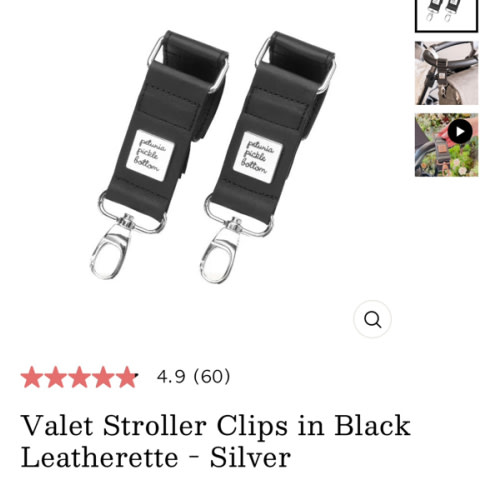 Valet Stroller Clips in Black Leatherette - Silver
