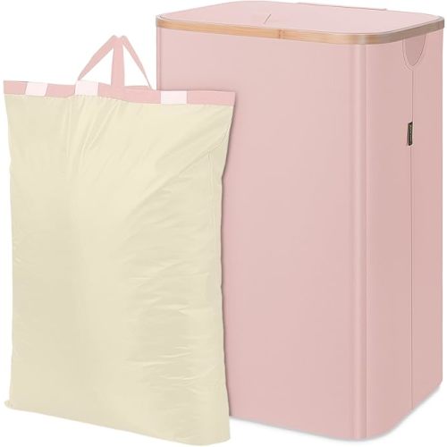 BALEINE Laundry Hamper with Lid, Tall Laundry Baskets with Bamboo Pull Handles, Large Laundry Bin with Internal Support (26 Gal/100L, Pink)
