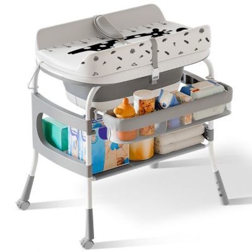 Foalom 2-in-1 Baby Changing Table and Bath Tub,Foldable Design and Storage for Newborn Care-Light-Grey
