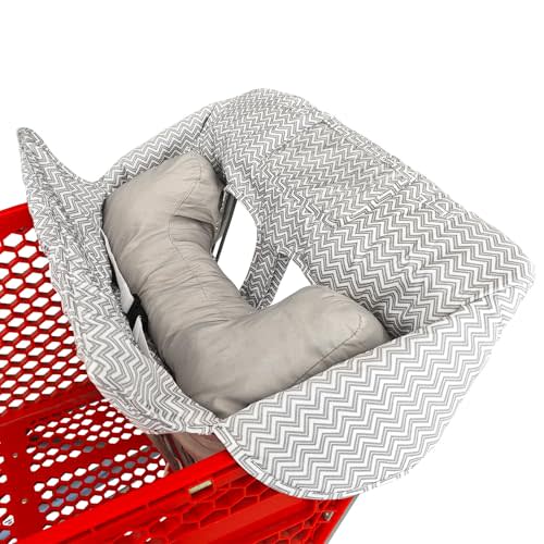 Love&go Soft Pillow Attached 2-in-1 Shopping Cart and High Chair Cover for Baby, Cotton Padded Cart Cover, Fold'n Roll Style, Portable with Carry Bag (Gray Chevron)