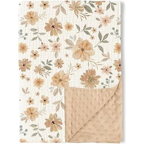 Konssy Baby Blankets for Unisex Boys Girls, Super Soft Nursery Minky Blankets with Muslin Cotton Front and Dotted Fleece Backing, Printed Bed Throws Newborn