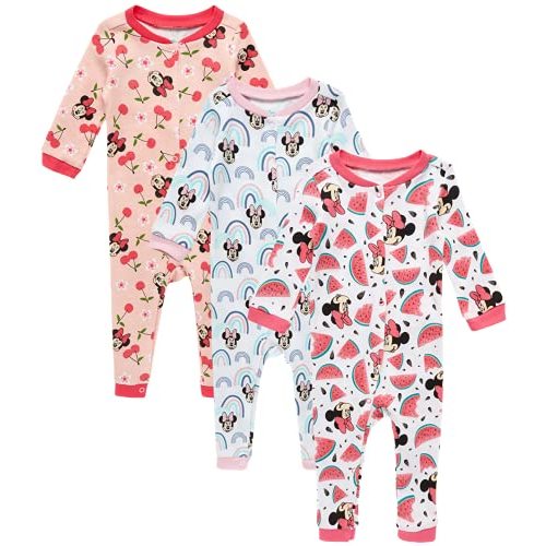 Disney Baby Mickey & Minnie Mouse Romper – 3 Pack Footless Coveralls Pajamas (Newborn)
