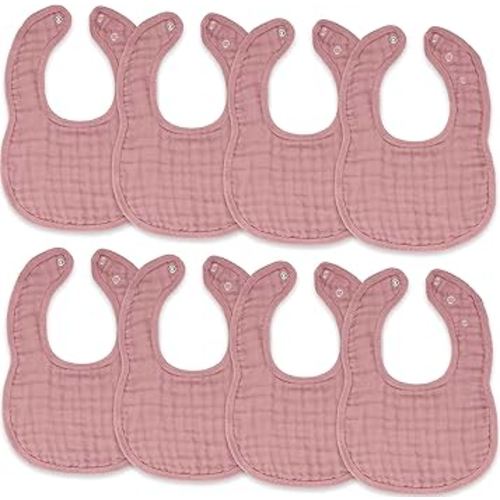 Comfy Cubs Muslin Bibs for Babies, Pack of 8 - Soft and Highly Absorbent, Feeding, Drool and Teething Bib, Adjustable Snaps - Stylish & Colorful Unisex Designs, Giftable Set - Mauve