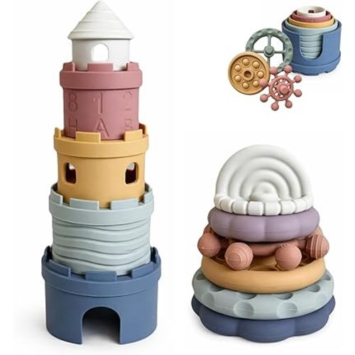 Hippypotamus Stacking Cups & Teething Toys - Silicone Montessori Baby Toys - Teethers for Babies 3-6 Months - Soft Castle Nesting Cups - Stacking Ring Toys