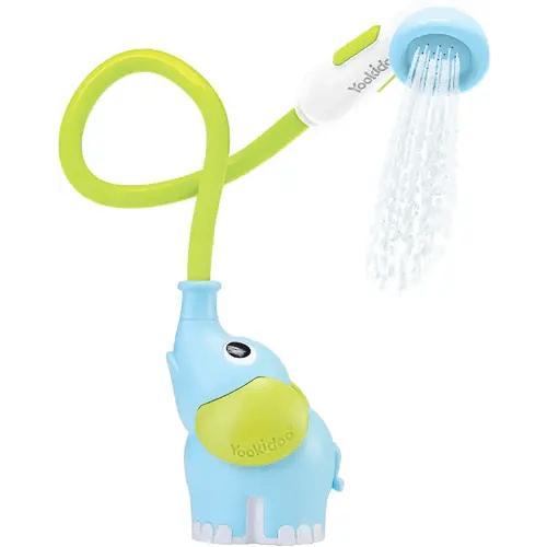 Yookidoo Baby Bath Shower Head - Elephant Water Pump with Trunk Spout Rinser - Control Water Flow from 2 Elephant Trunk Knobs for Maximum Fun in Tub or Sink for Newborn Babies (Blue)