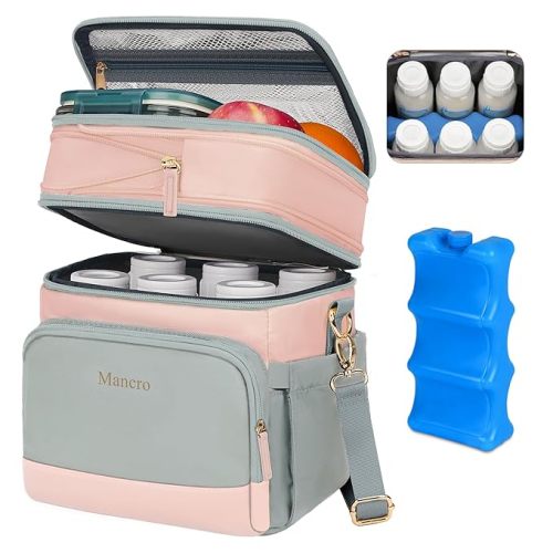 Mancro Expandable Breast Milk Cooler Travel Bag with Ice Pack, Double Layer Baby Bottle Bag Fits 6 Bottles Up to 9 Ounce, Breastmilk Cooler Bag with Shoulder Strap for Nursing Moms & Daycare