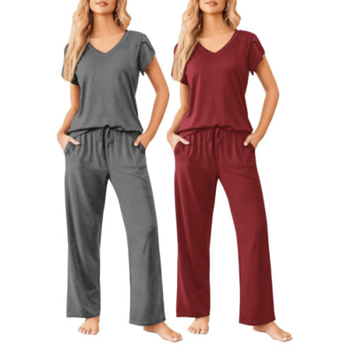 Ekouaer 2 Pack Womens Pajamas Short Sleeve Sleepwear Top with Pants Super-Soft Printed Lounge Sets - LARGE